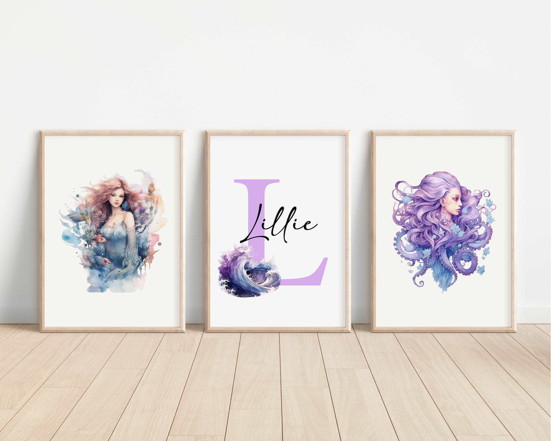 SET OF 3 Mermaids Personalized Print | Mythological Creatures Bedroom Decor | Kids Seahorse Fantasy Watercolour Children Nursery Art Wall