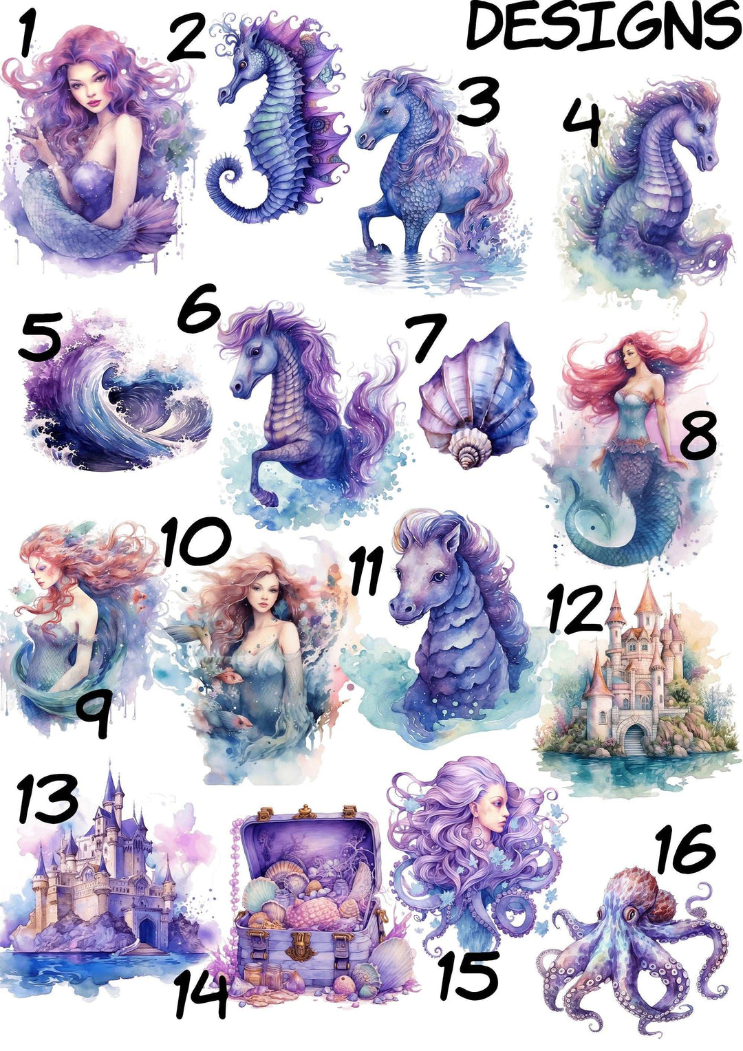 SET OF 3 Mermaids Personalized Print | Mythological Creatures Bedroom Decor | Kids Seahorse Fantasy Watercolour Children Nursery Art Wall