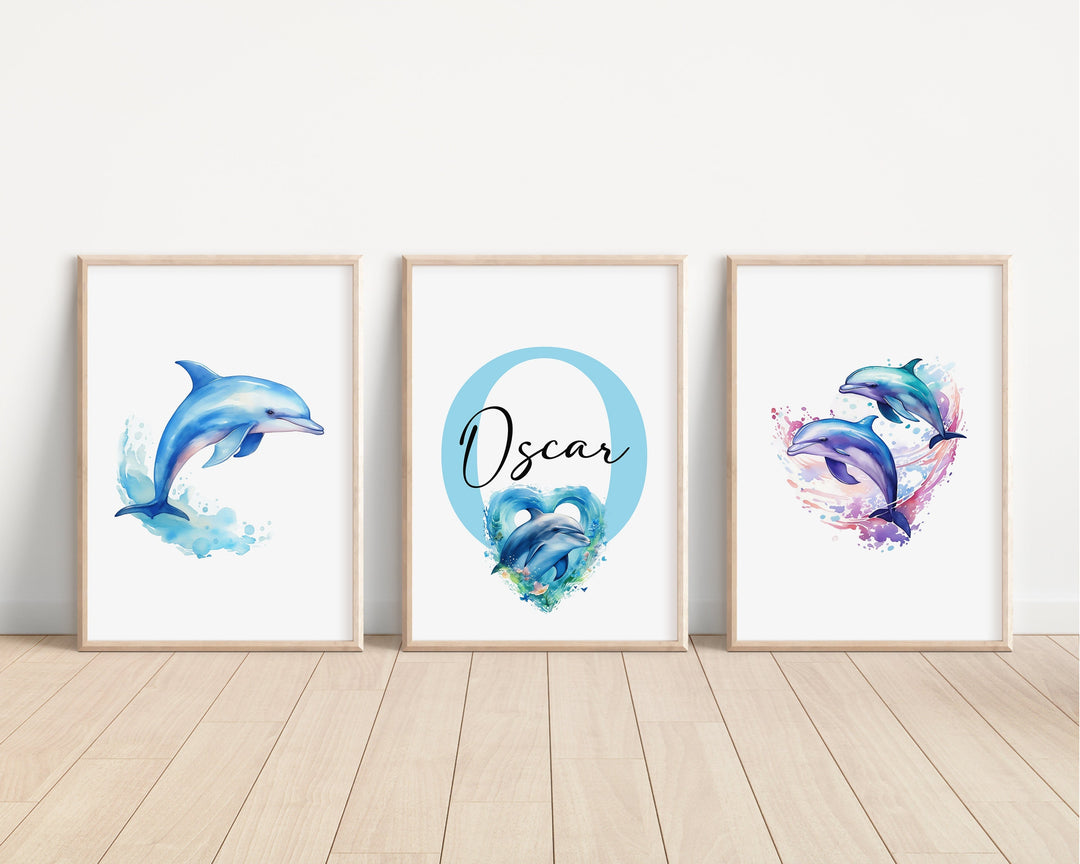 SET OF 3 Dolphins Personalized Print | Marine Animals Ocean Whales Sharks Bedroom Decor | Kids Watercolour Children Nursery Art Wall