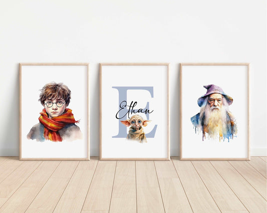 SET OF 3 Harry Potter Personalised Print | Hedwig Hogwarts Magic Wizard Bedroom Print Kids Children Nursery Bedroom Art Wall Disney Pixar