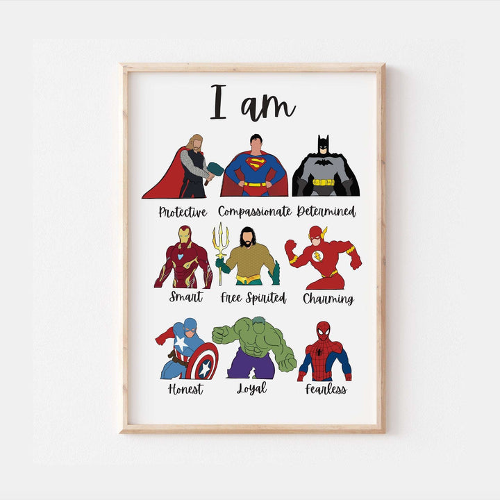 Superheros | I Am | Spiderman Hulk Captain America Thor Avengers Print | Bedroom Kids Children Nursery Baby Gift Art Wall Disney Pixar