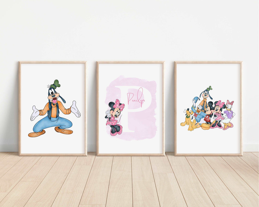 SET OF 3 Mickey & Friends Personalised Prints | Minnie Mouse Goofy Donald Pluto Daisy Bedroom Kids Children Nursery Art Wall Disney Pixar