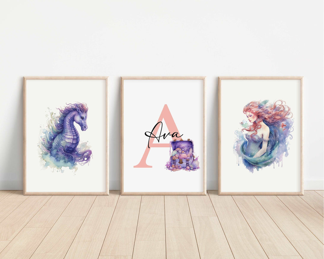 SET OF 3 Mermaids Personalized Print | Mythological Creatures Bedroom Decor | Kids Seahorse Fantasy Watercolour Children Nursery Art Wall