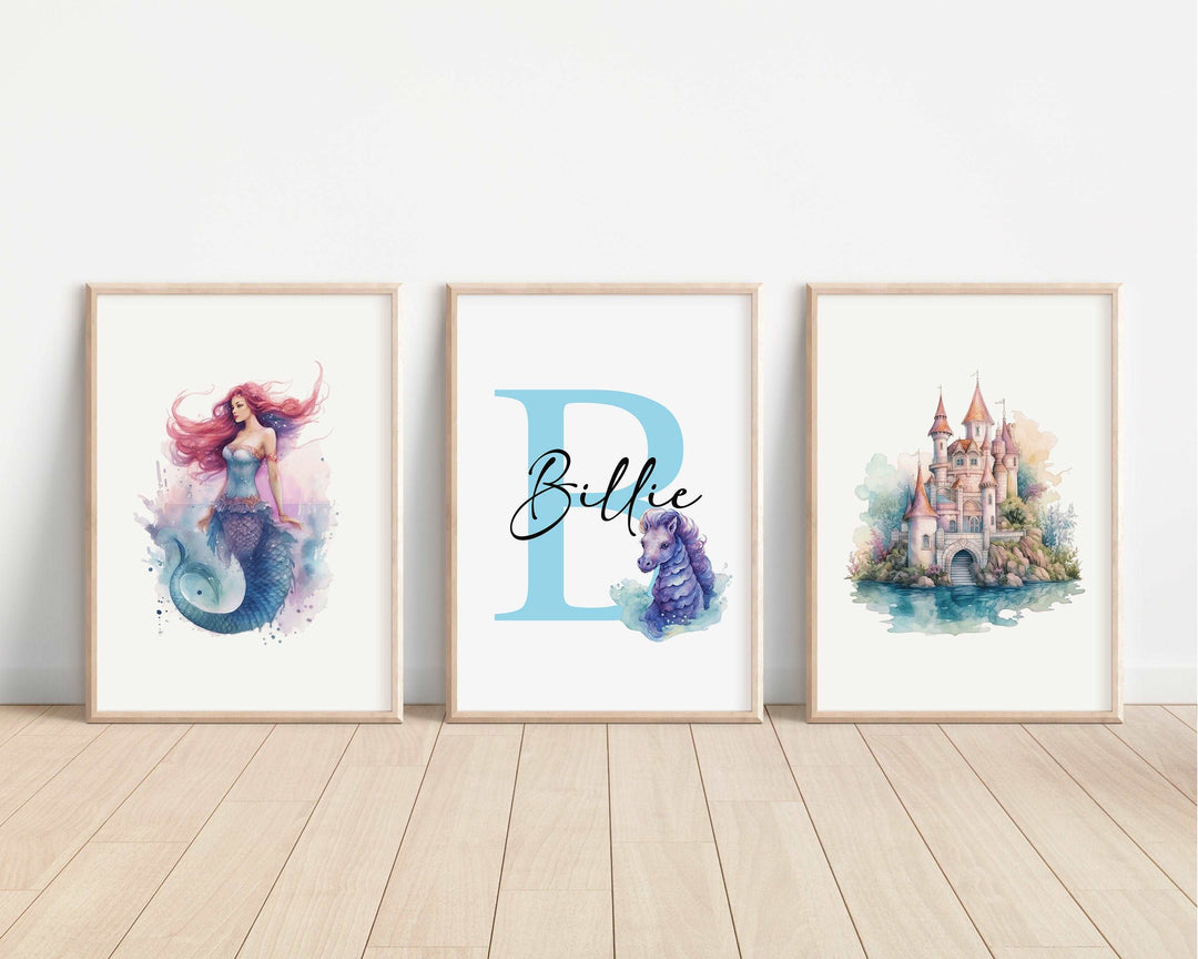 SET OF 3 Mermaids Personalized Print | Mythological Creatures Bedroom Decor | Kids Seahorse Fantasy Watercolour Children Nursery Art Wall