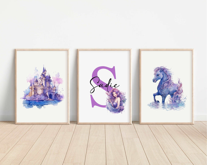 SET OF 3 Mermaids Personalized Print | Mythological Creatures Bedroom Decor | Kids Seahorse Fantasy Watercolour Children Nursery Art Wall