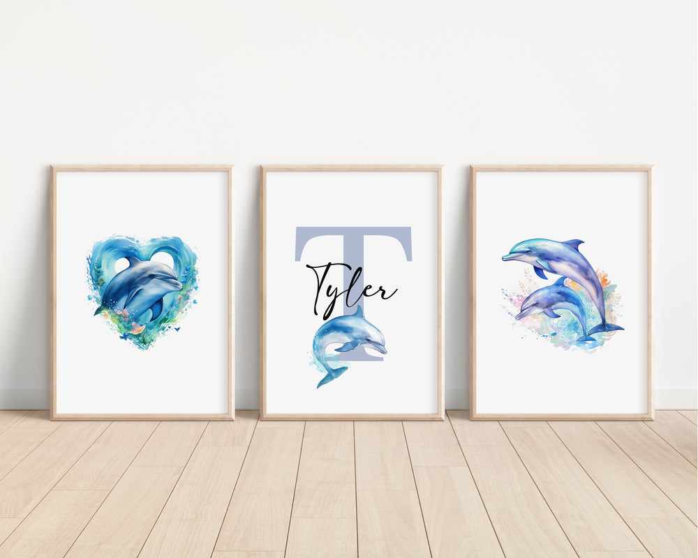 SET OF 3 Dolphins Personalized Print | Marine Animals Ocean Whales Sharks Bedroom Decor | Kids Watercolour Children Nursery Art Wall