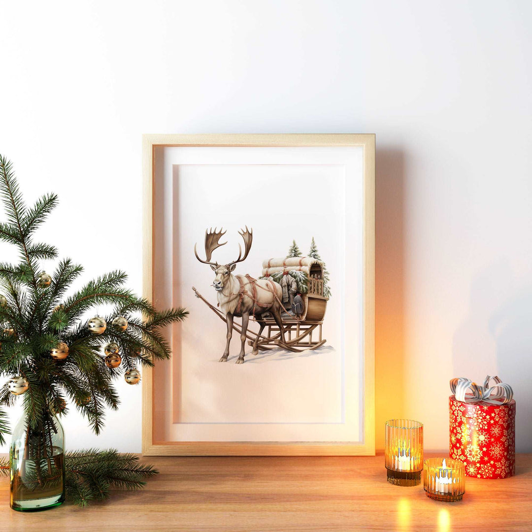 Reindeer Sleigh Christmas Wall Print