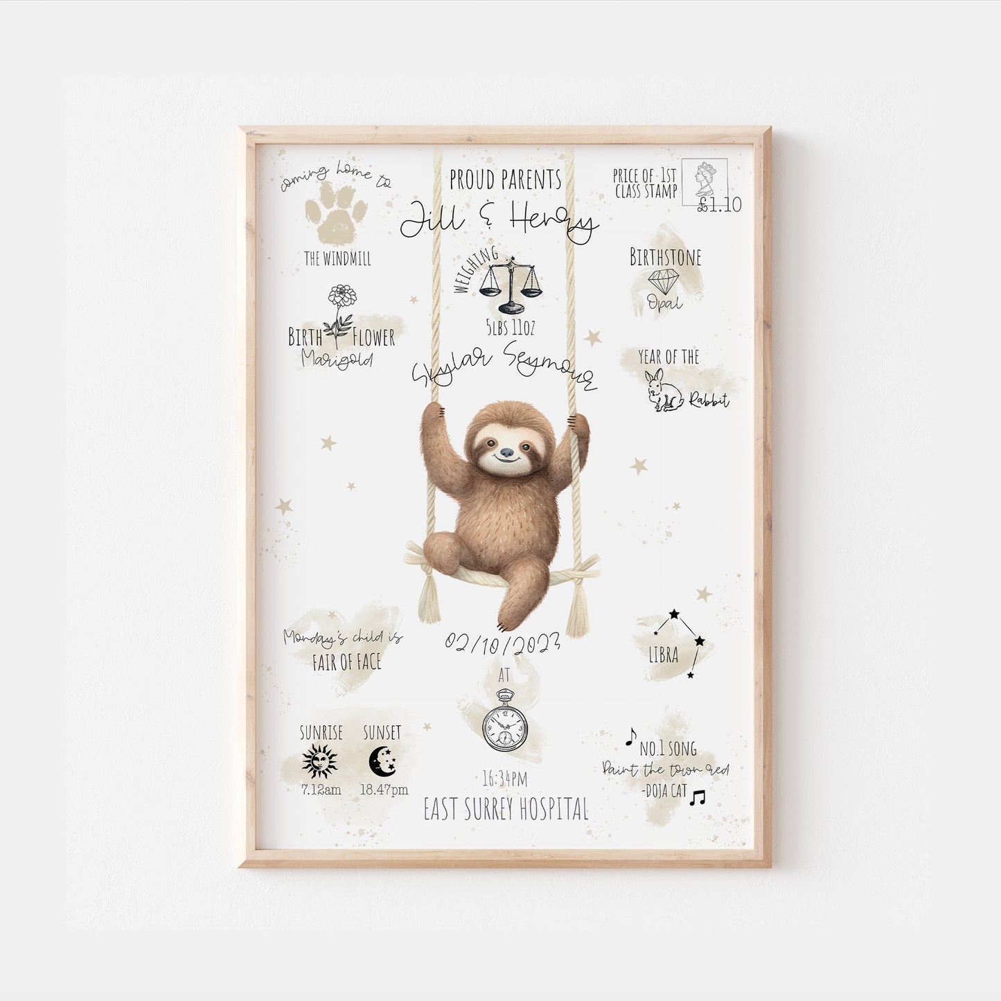 Personalised The Day You Were Born Swinging Sloth Birth Print