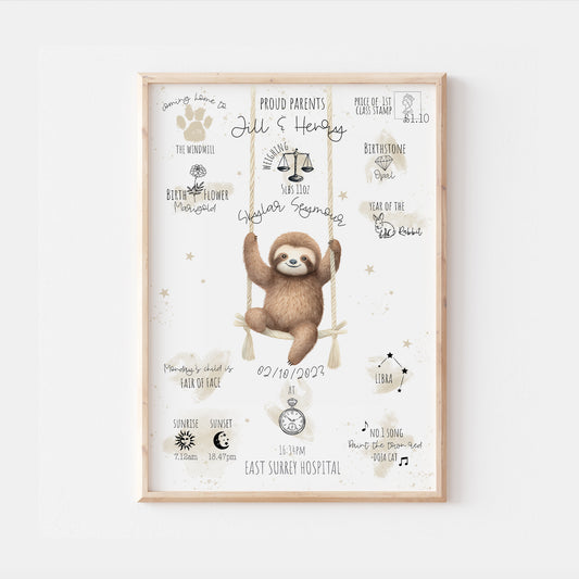 Personalised The Day You Were Born Swinging Sloth Birth Print