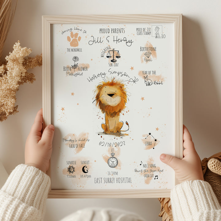 Personalised The Day You Were Born Lion Birth Print