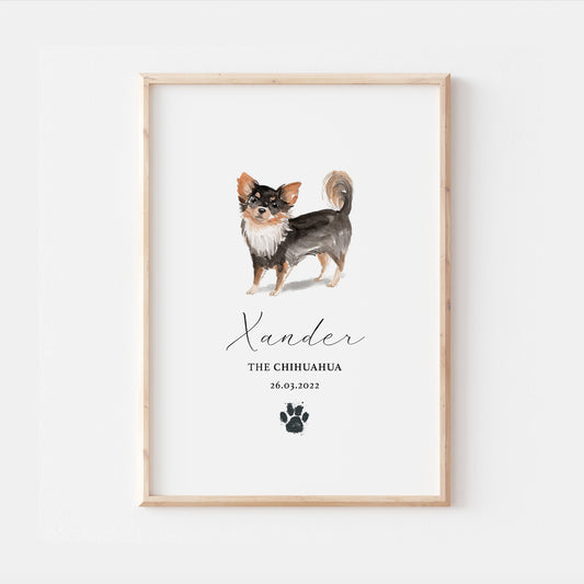Personalised Long Haired Chihuahua Dog Watercolour Print