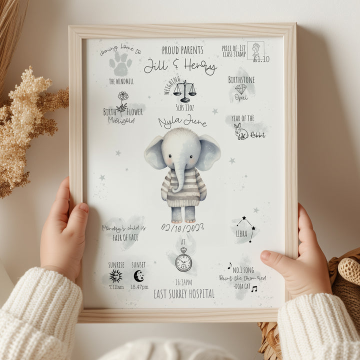 Personalised The Day You Were Born Elephant Birth Print