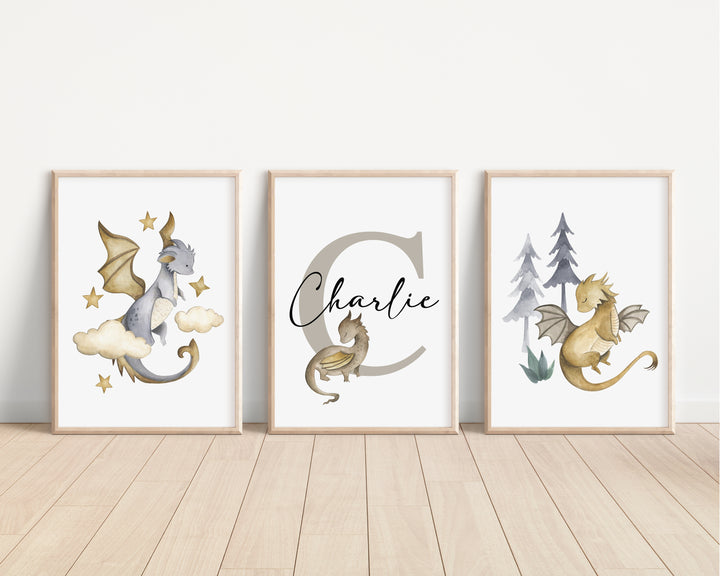 SET OF 3 Baby Dragon Personalised Bedroom Prints