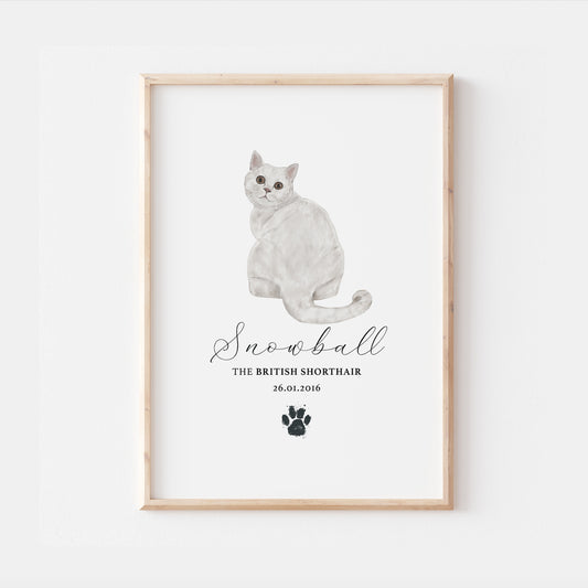 Personalised White British Shorthair Cat Breed Watercolour Print