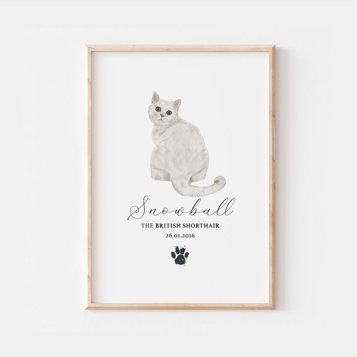 Personalised White British Shorthair Cat Breed Watercolour Print