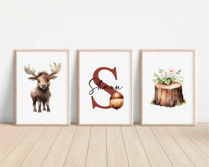 SET OF 3 Woodland Animals Personalised Bedroom Prints