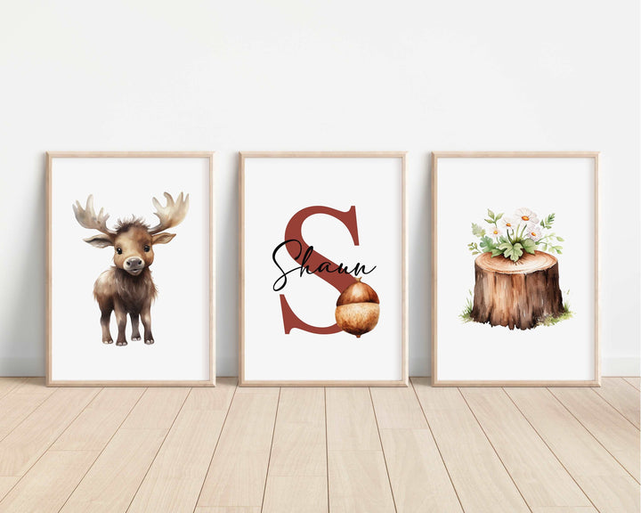 SET OF 3 Woodland Animals Personalised Bedroom Prints