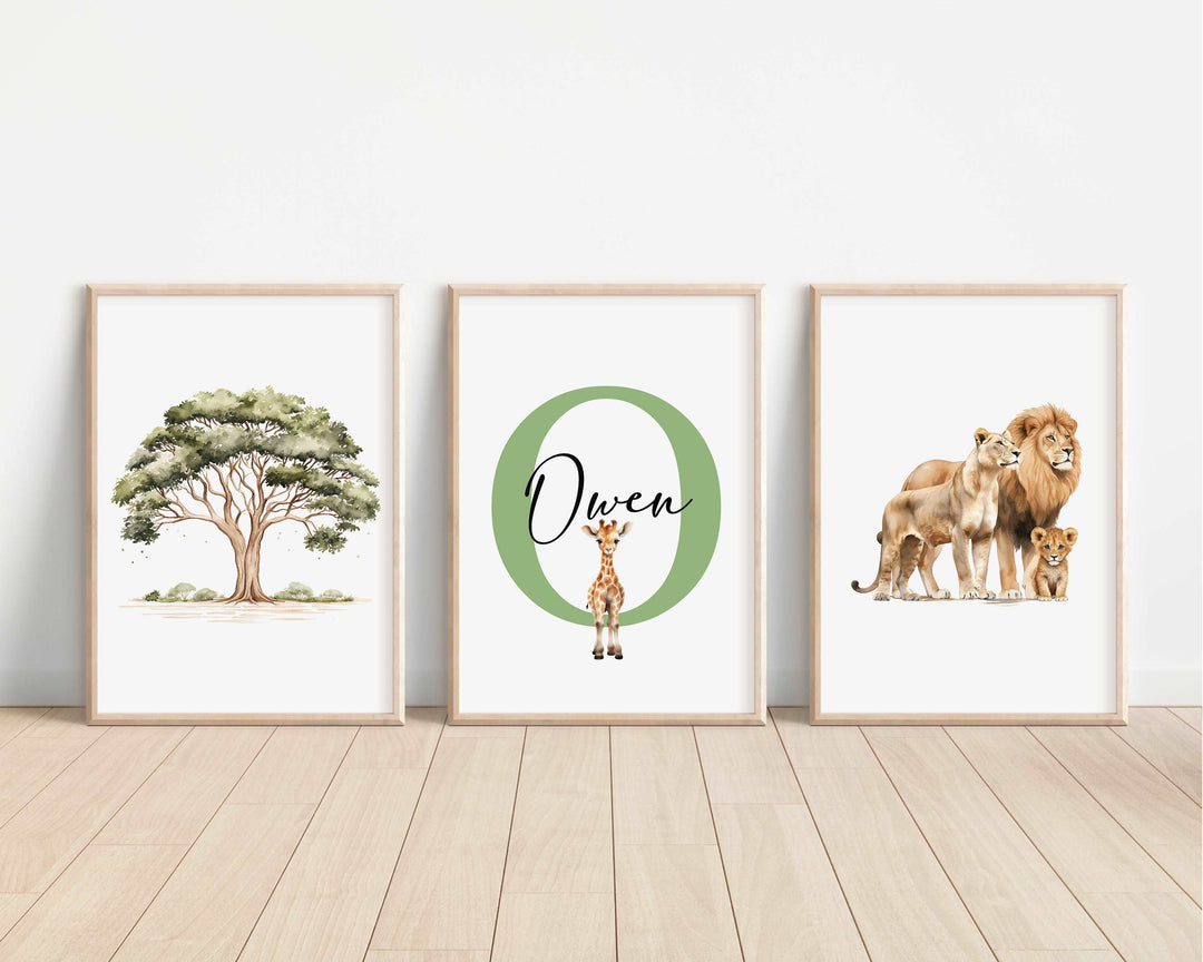 SET OF 3 Safari Animals Personalised Prints