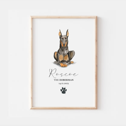 Personalised Doberman Watercolour Dog Home Print