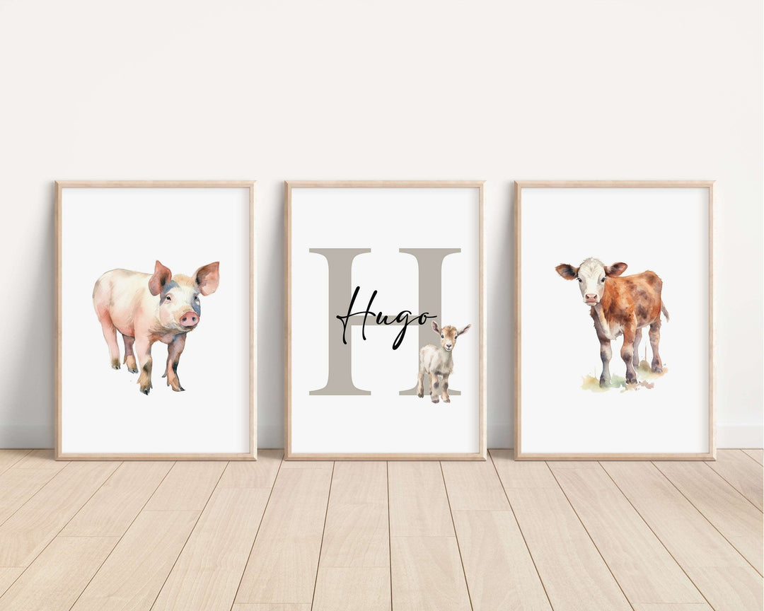 SET OF 3 Farm Animals Personalised Bedroom Prints