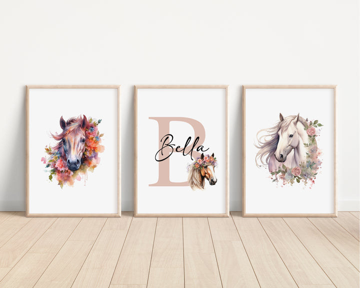 SET OF 3 Floral Horses Personalised Bedroom Prints