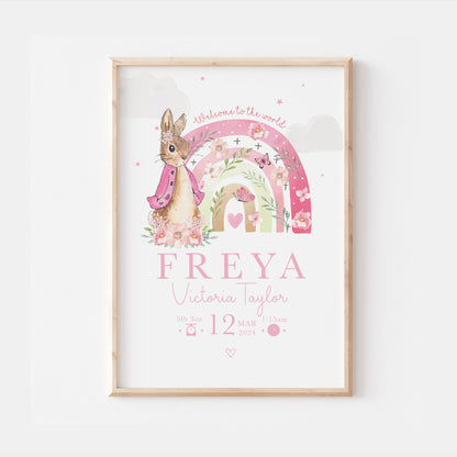Peter Rabbit Pink Rainbow Personalised Newborn Nursery Print
