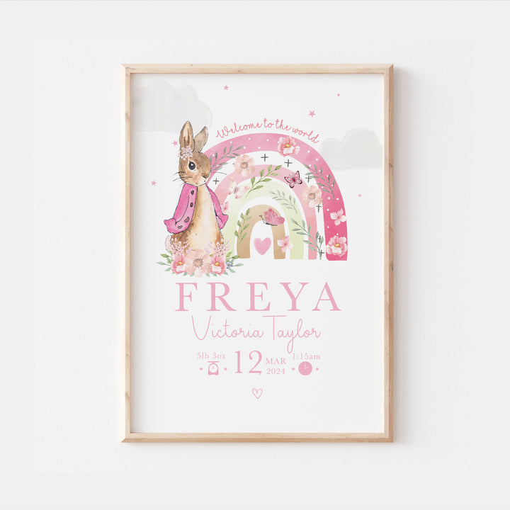 Peter Rabbit Pink Rainbow Personalised Newborn Nursery Print