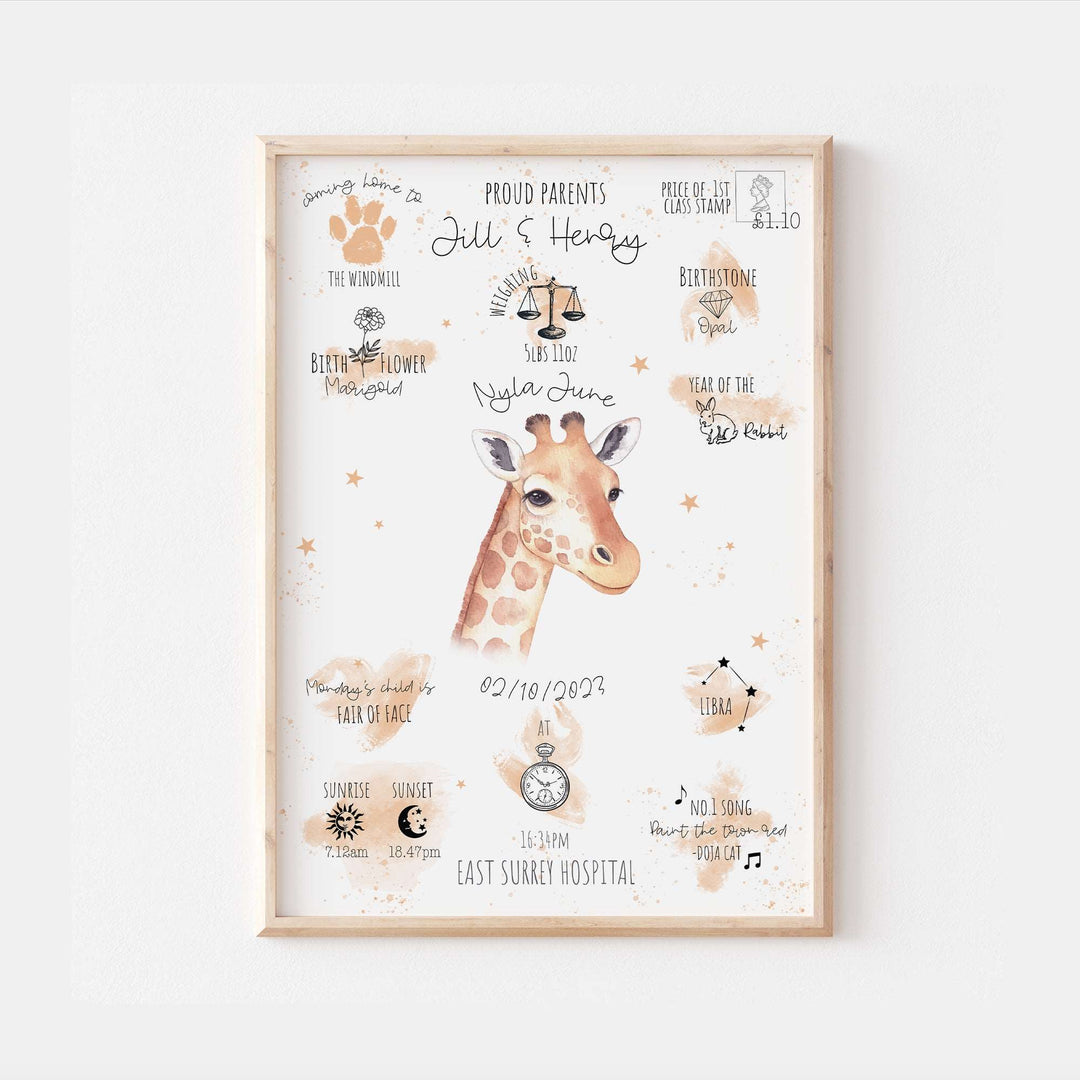 Personalised The Day You Were Born Giraffe Birth Print