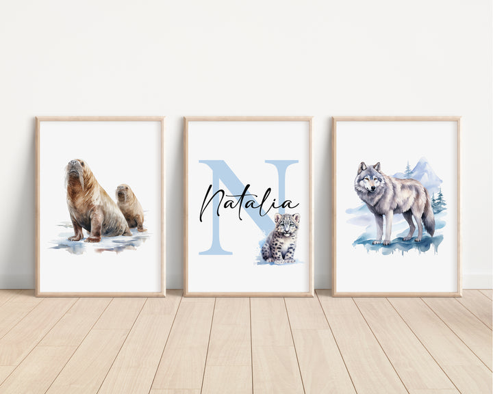 SET OF 3 Arctic Animals Personalised Bedroom Prints