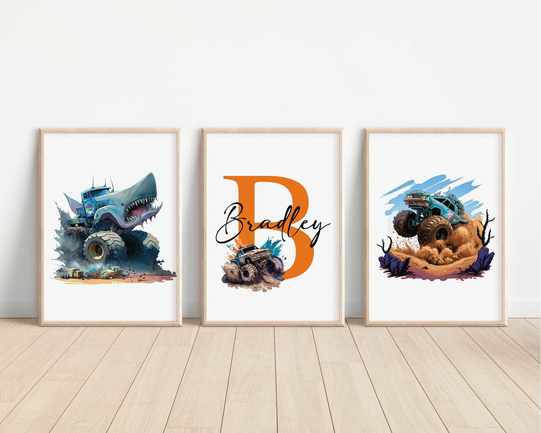 SET OF 3 Monster Truck Personalised Bedroom Prints