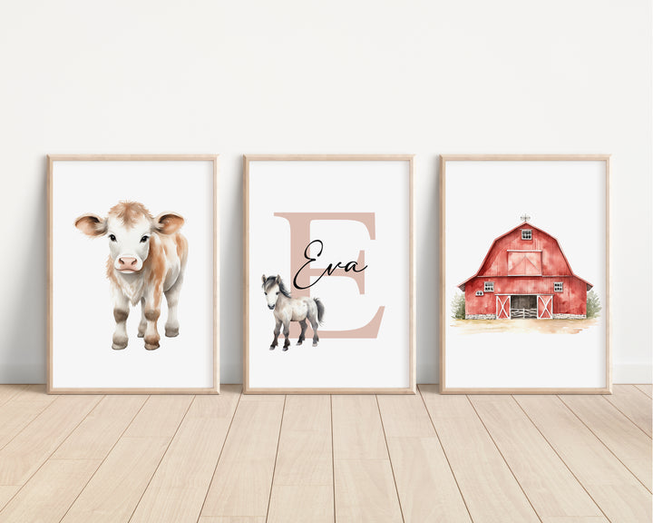 SET OF 3 Cute Farm Animals Personalised Bedroom Prints