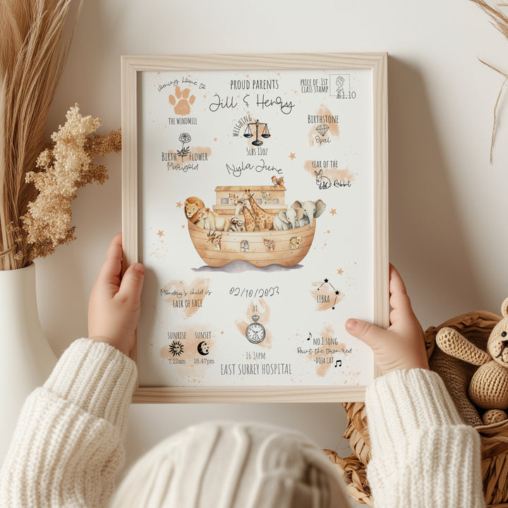 Noah's Ark Personalised The Day You Were Born Christening Birth Print