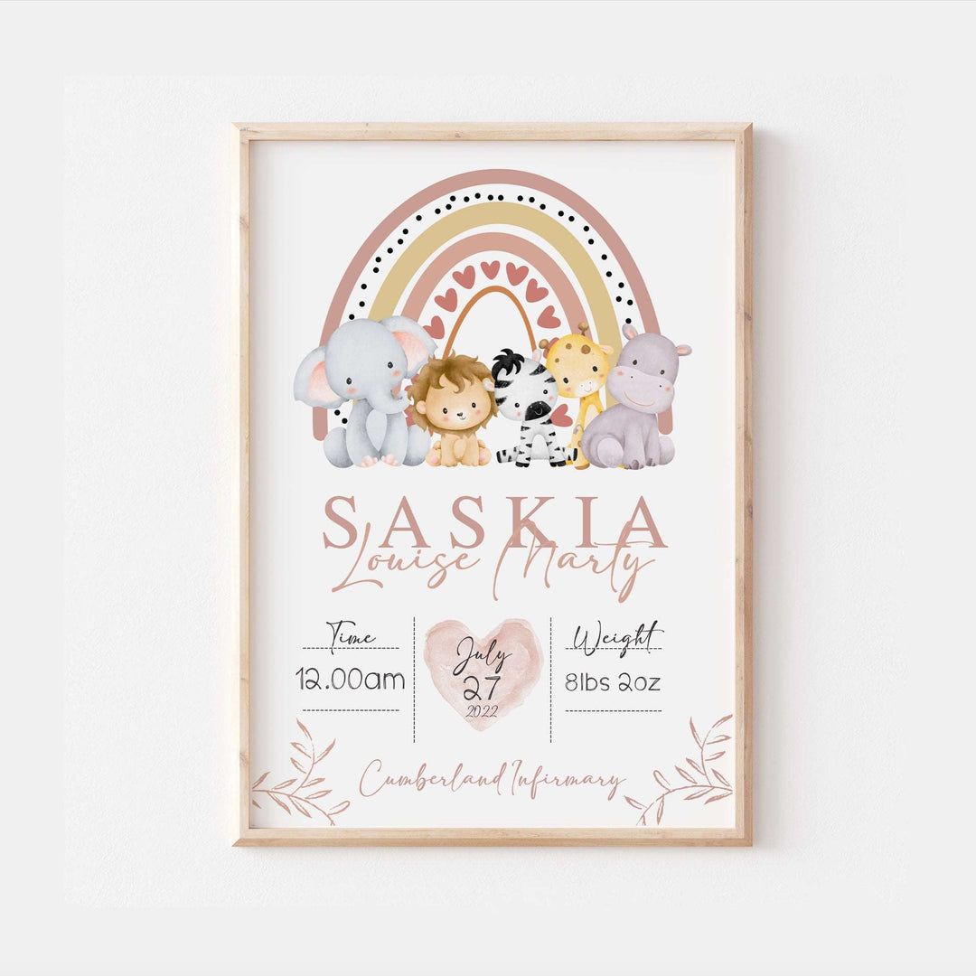 Safari Animals Rainbow Personalised The Day You Were Born Bedroom Print