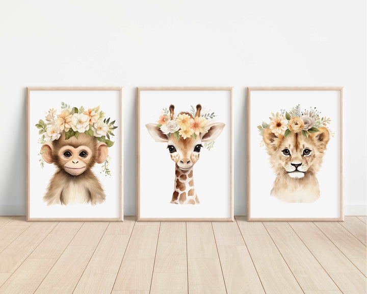 Floral Watercolour Baby Safari Animals Bedroom Prints