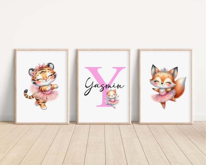 SET OF 3 Ballerina Animals Personalised Bedroom Prints