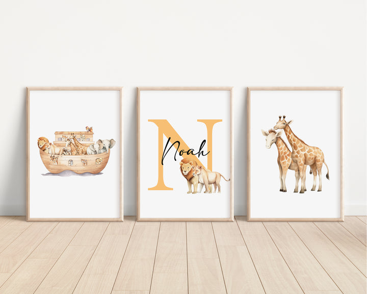 SET OF 3 Noahs Ark Christening Personalised Bedroom Prints