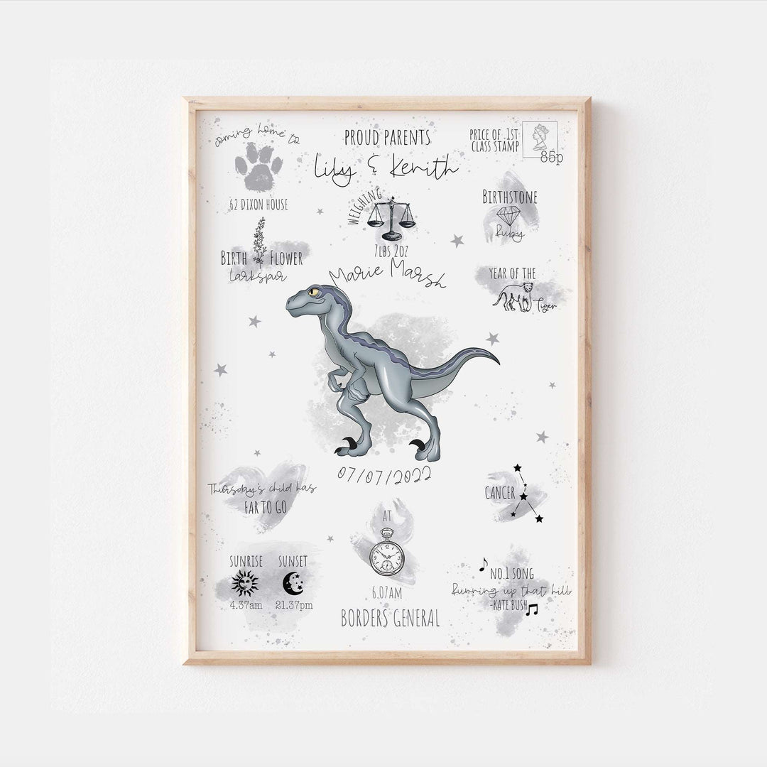 Jurassic World Blue Dinosaur Personalised The Day You Were Born Print