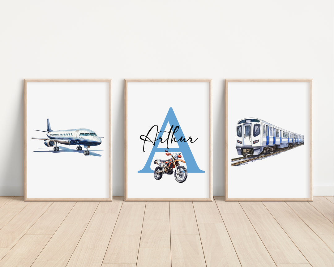 SET OF 3 Transport Kids Personalised Bedroom Prints