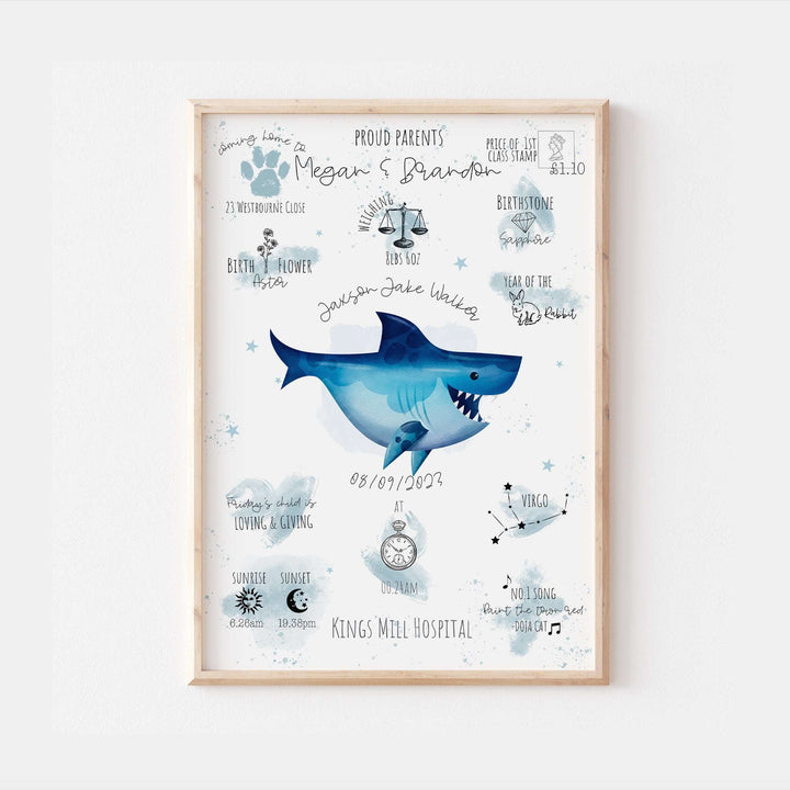 Great White Shark Ocean Personalised The Day You Were Born Nursery Print