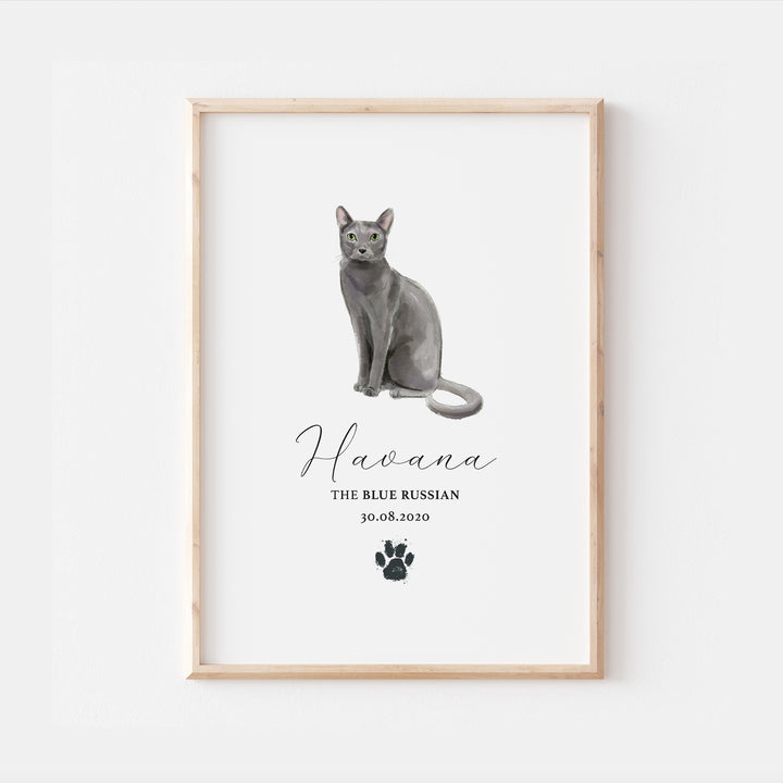 Personalised Blue Russian Cat Breed Watercolour Print