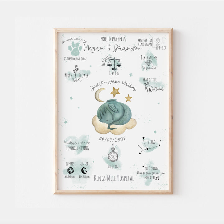 Sleeping Dragon Personalised The Day You Were Born Birth Print