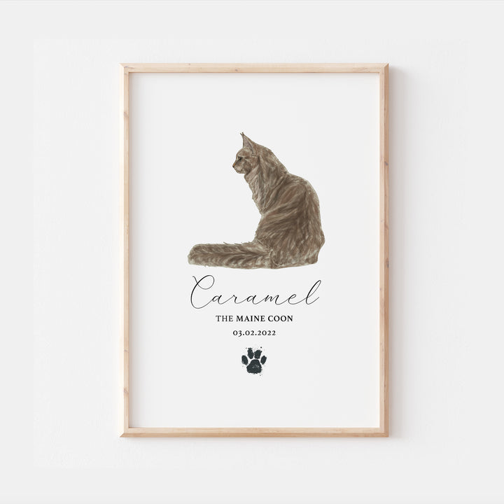 Personalised Brown Maine Coon Cat Breed Watercolour Print