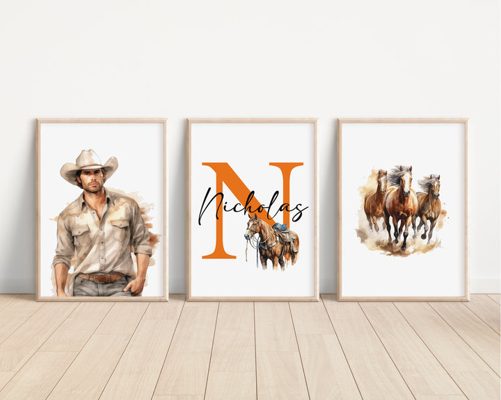 SET OF 3 Western Cowboy Personalised Bedroom Prints