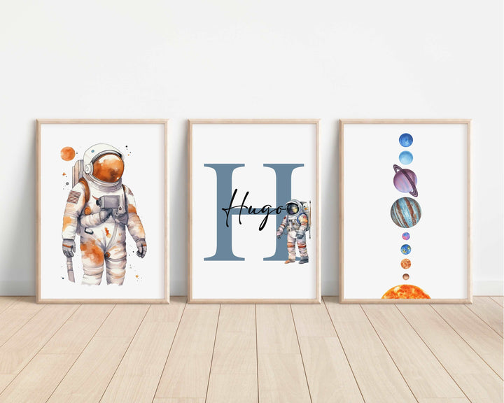 SET OF 3 Space Astronaut Planets Personalised Bedroom Prints