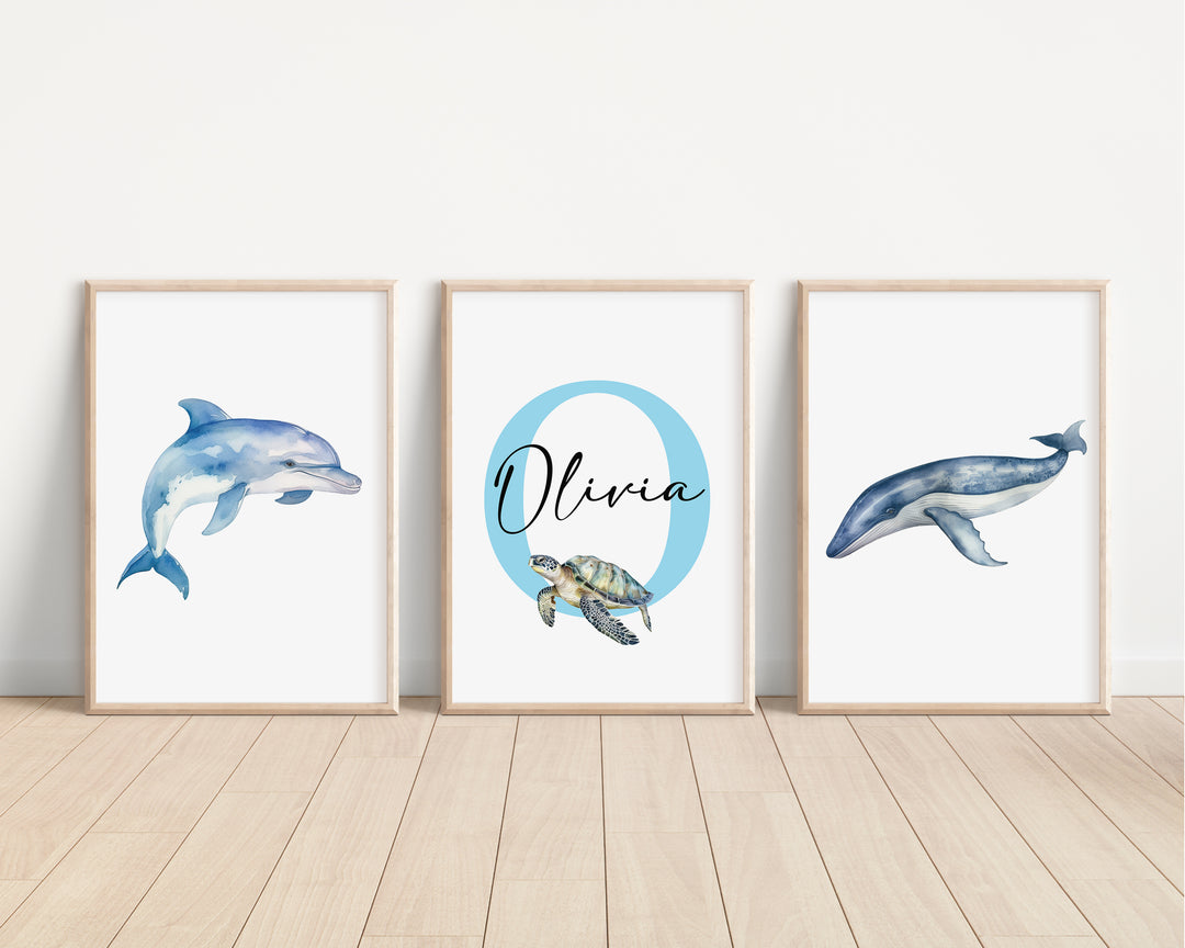 SET OF 3 Ocean Sea Animals Personalised Bedroom Prints