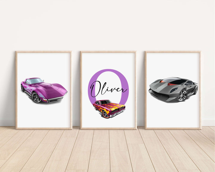 SET OF 3 Hot Wheels Cars Personalised Bedroom Prints