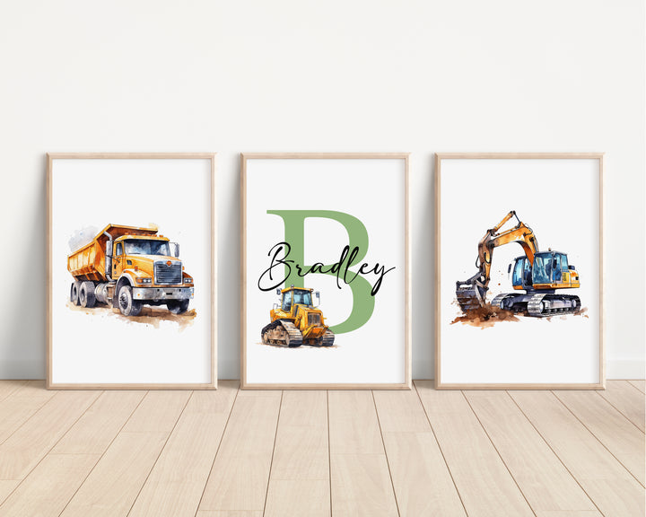 SET OF 3 Construction Trucks Diggers Personalised Bedroom Prints