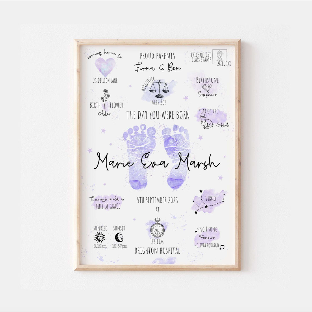 Personalised The Day You Were Born Purple Birth Print