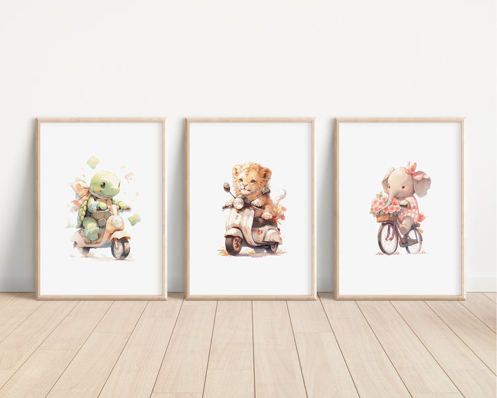 SET OF 3 Animals On Bikes Safari Bedroom Prints