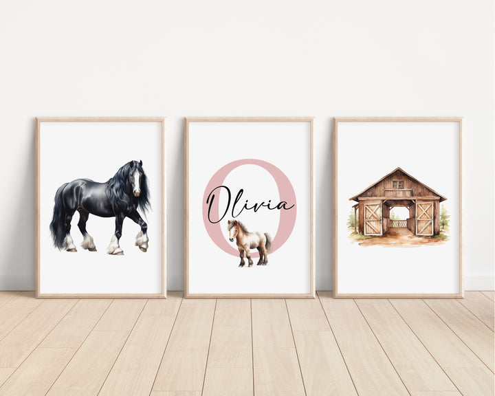 SET OF 3 Horses Pony Personalised Bedroom Prints